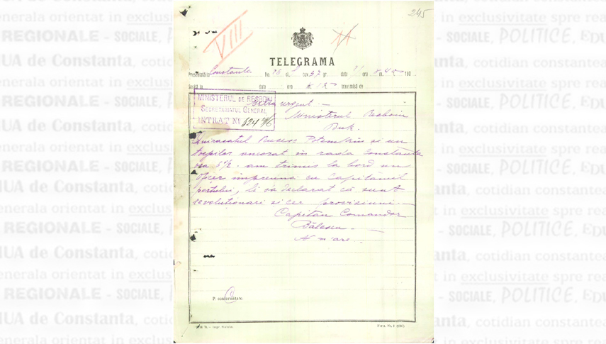 19 iunie 1905. Telegrama expediată Ministerului de Război de comandantul crucișătorului „Elisabeta”, căpitan-comandorul Constantin Bălescu