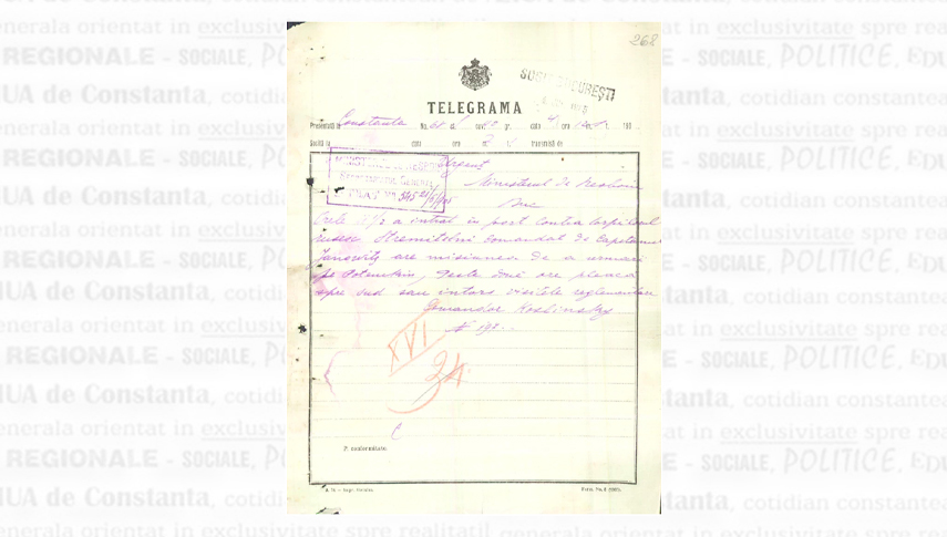 Telegrama prin care comandorul Emanoil Koslinski informează Ministerul de Război despre sosirea la Constanța a torpilorului “Stremitelnîi”