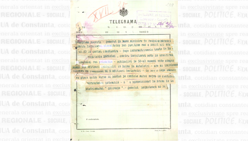 Telegrama prin care generalul Angelescu l-a informat pe ministrul de Război despre prezența în portul Constanța a torpilorului rus “Stremitelnîi”