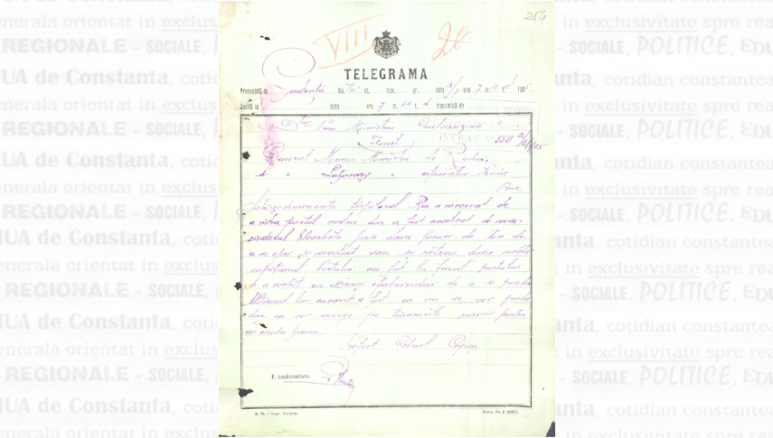 Telegrama prin care prefectul Mihail Capșa i-a informat pe prim-ministrul Cantacuzino, ministrul de Război, generalul Gheorghe Manu și Lahovary, ministrul Afacerilor Străine despre plecarea torpilorului rus “Stremitelnîi”