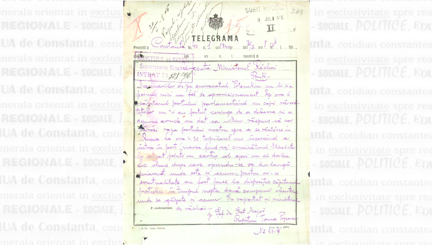 Telegrama prin care căpitanul Toma Popescu informează Ministerul de Război asupra faptului că marinarilor de pe cuirasatul “Potemkin” li s-a refuzat orice fel de aprovizionare