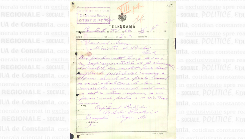 Telegrama prin care locotenent-comandorul Nicolae Negru, căpitanul Portului Constanța, informează Ministerul de Război despre faptul că negocierile cu capii răzvrătiților de pe “Potemkin”, în vederea depunerii armelor și predării cuirasatului, au eșuat