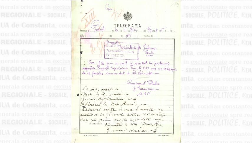 Telegrama prin care Z. Husarescu, comisarul portului Galați informează Ministerul de Interne despre sosirea torpilorului rus 253