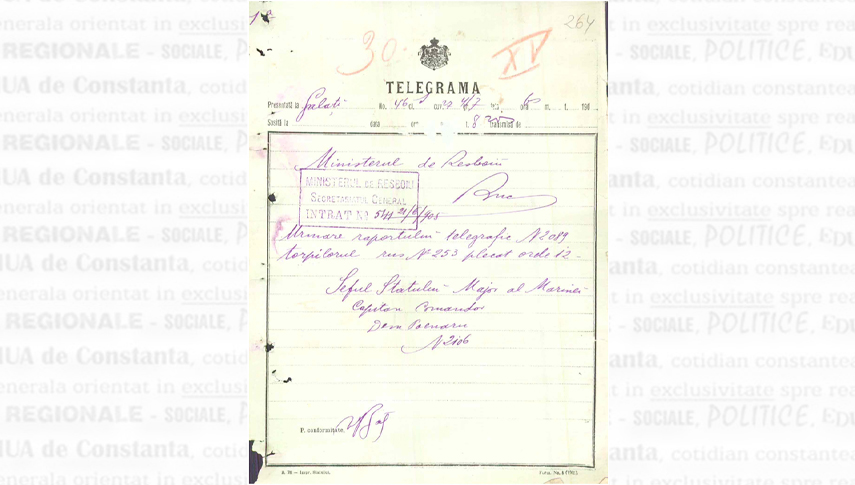 Telegrama prin care căpitan-comandorul Dumitru Poenaru, șeful Statului Major al Marinei, informează Ministerul de Război despre plecarea torpilorului rus din portul Galați