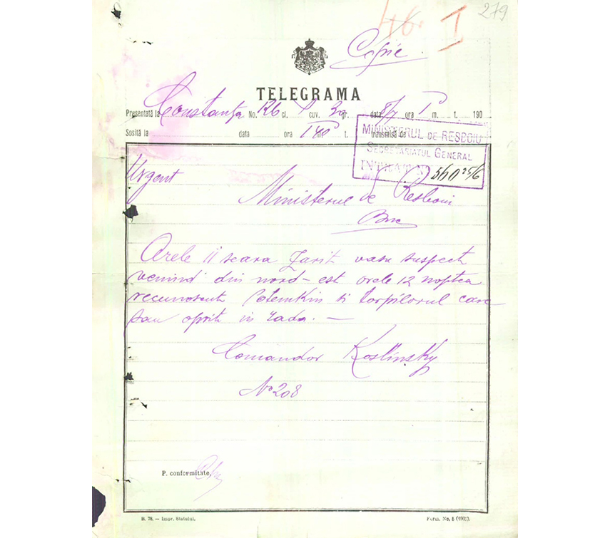 Telegrama prin care comandorul Emanoil Koslinski informează Ministerul de Război despre revenirea celor două nave rusești în rada exterioară a portului Constanța