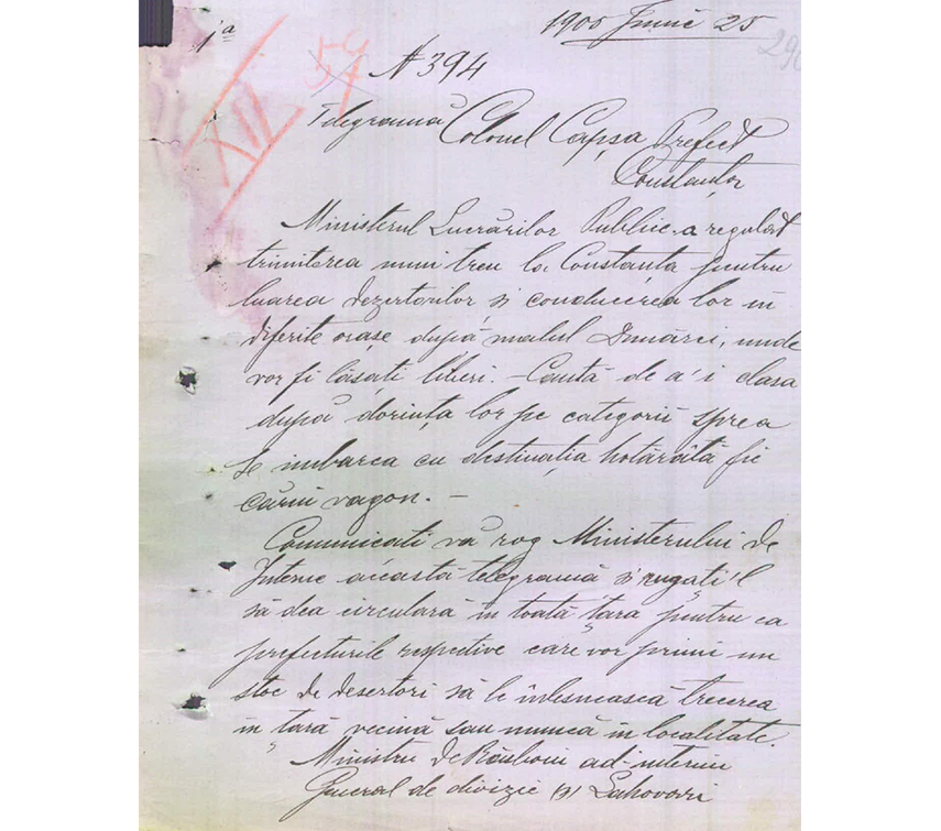 Precizările transmise prefectului județului Constanța de Ministerul de Război cu privire la preluarea marinarilor debarcați de pe cuirasatul “Potemkin”
