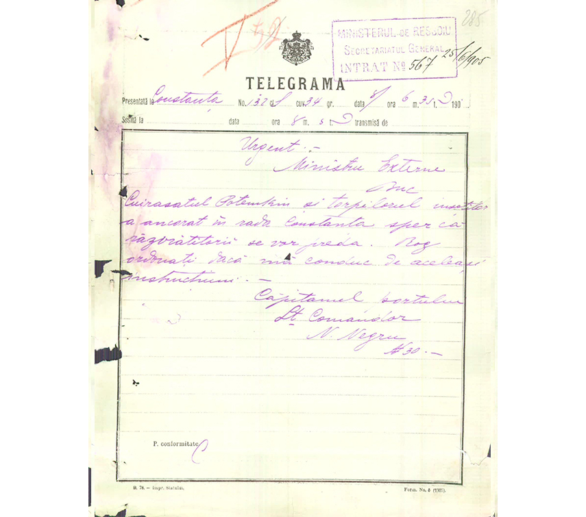 Telegrama prin care locotenent-comandorul Nicolae Negru informează Ministerul Afacerilor Străine despre reapariția navelor rusești în rada portului Constanța