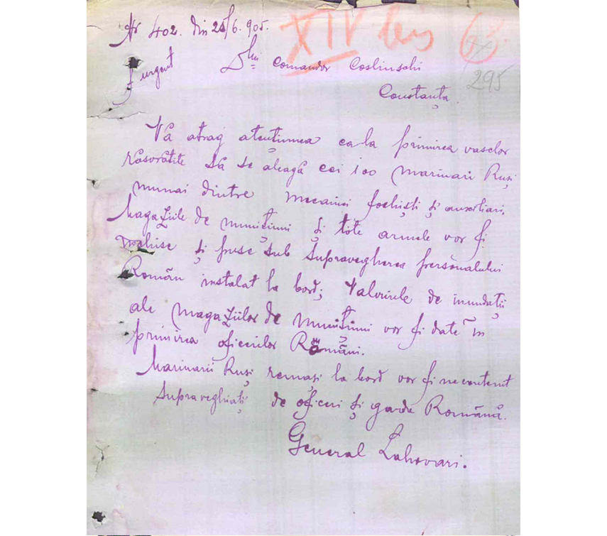 Instrucțiunile transmise comandorului Emanoil Koslinski de către generalul Alexandru Lahovary cu privire la preluarea celor două nave răzvrătite