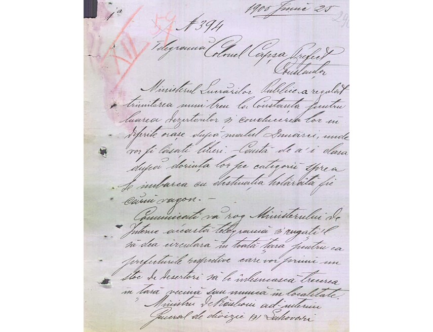 Precizările transmise prefectului județului Constanța de Ministerul de Război cu privire la preluarea marinarilor debarcați de pe cuirasatul “Potemkin”