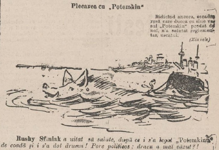 Plecarea cuirasatului “Potemkin” ironizată pe prima pagină a cotidianului „Adevărul”, sâmbătă, 2 iulie 1905