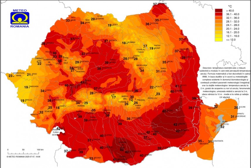 Sursa foto ANM/ Harta temperaturilor resimțite