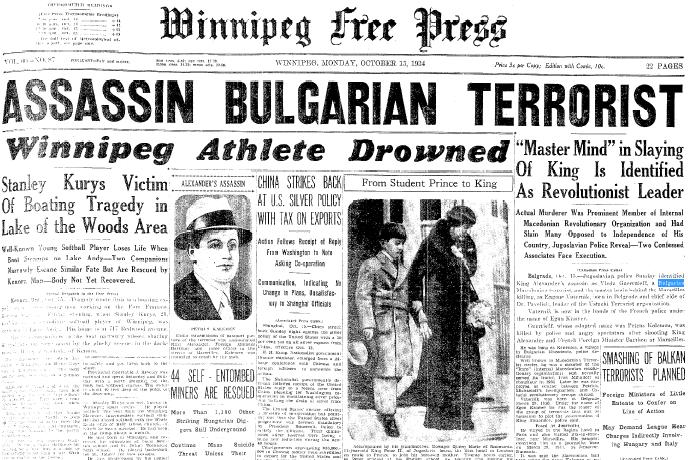 Prima pagină din Winnipeg Free Press⁠(d) din data de 15 octombrie 1934