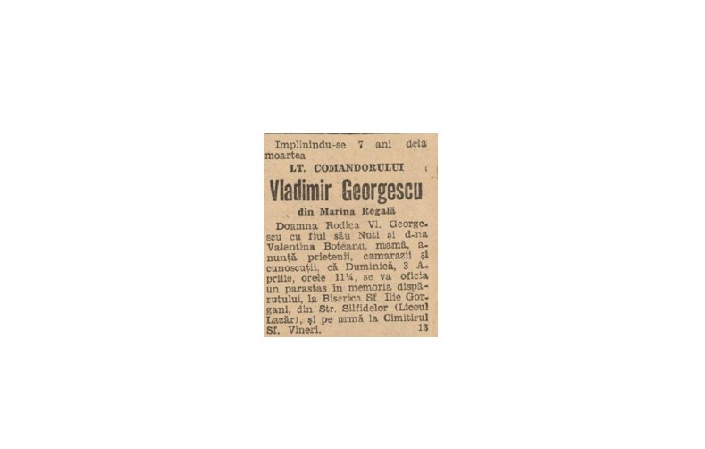 Anunțul parastasului de 7 ani, publicat de familie în ziarul „Universul”, în ediția de luni, 4 aprilie 1938
