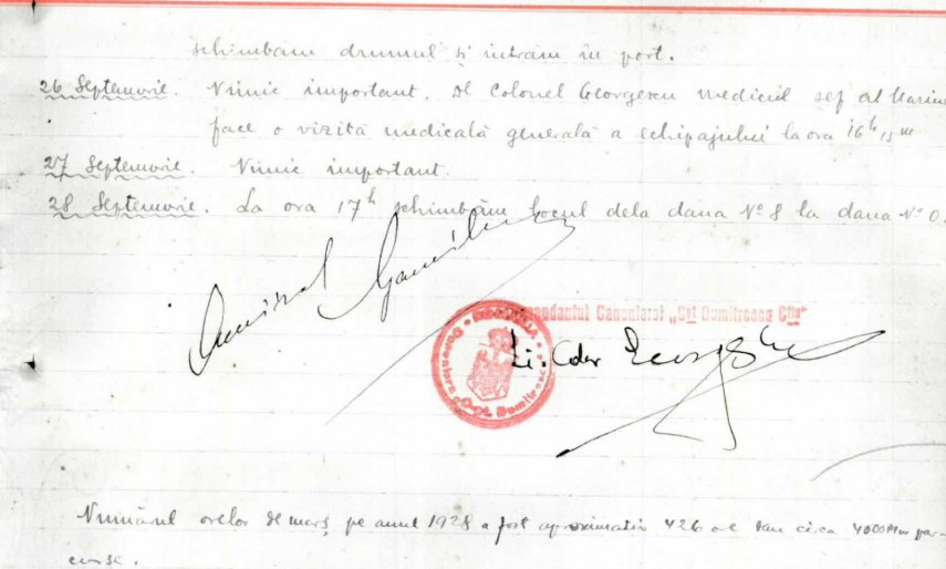 Filă din Registrul istoric al canonierei “Căpitan Dumitrescu Constantin”, cu ștampila navei și semnătura comandantului, locotenent-comandorul Vladimir Georgescu. Sursa: Arhivele Militare Naționale Române