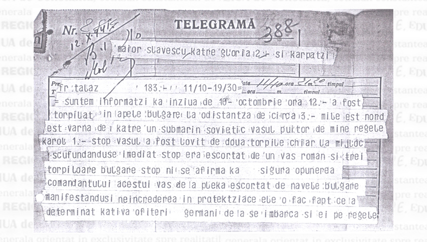 Telegrama prin care maiorul Ion Pleșoianu, atașatul militar în Bulgaria, informa Marele Stat Major despre tragedia crucișătorului auxiliar “Regele Carol I”