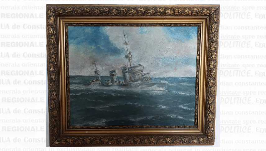 1976. Tablou oferit de Nicolae Savopol viceamiralului Gheorghe Sandu, „în amintirea anilor de ambarcare din trecutul istoric al Marinei noastre de Război”