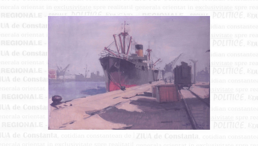 Vapor în port. Reproducere după o pictură de Comandor Dimitrie Știubei