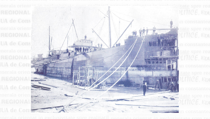 Cargoul Serviciului Maritim Român „Dobrogea” în reparație la Șantierul Naval „Fernic” din Galați. Reproducere din „Revista Marină”, Anul I, nr. 3, 25 februarie 1913