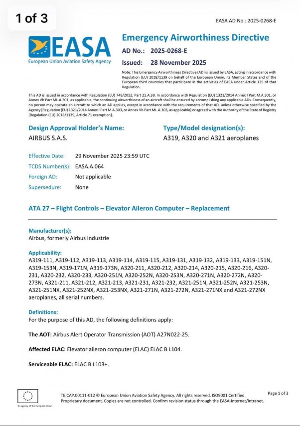 alerta in aviatia europeana easa ordona oprirea la sol pentru aeronave cu risc de pierdere a controlului alerta in aviatia europeana easa ordona oprirea la sol pentru aeronave cu risc de pierdere a controlului