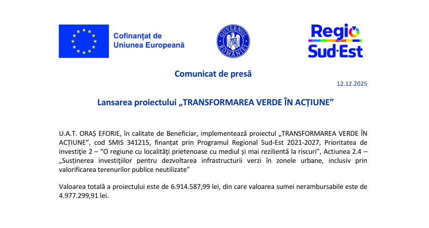 Lansarea proiectului Transformarea verde in actiune in oras Eforie