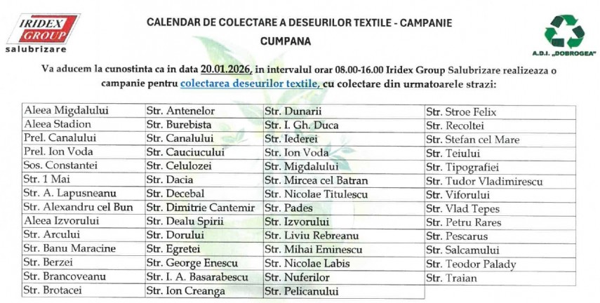 campanie pentru colectarea deseurilor textile in comuna cumpana in zilele de 16 19 si 20 ianuarie 2026 campanie pentru colectarea deseurilor textile in comuna cumpana in zilele de 16 19 si 20 ianuarie 2026