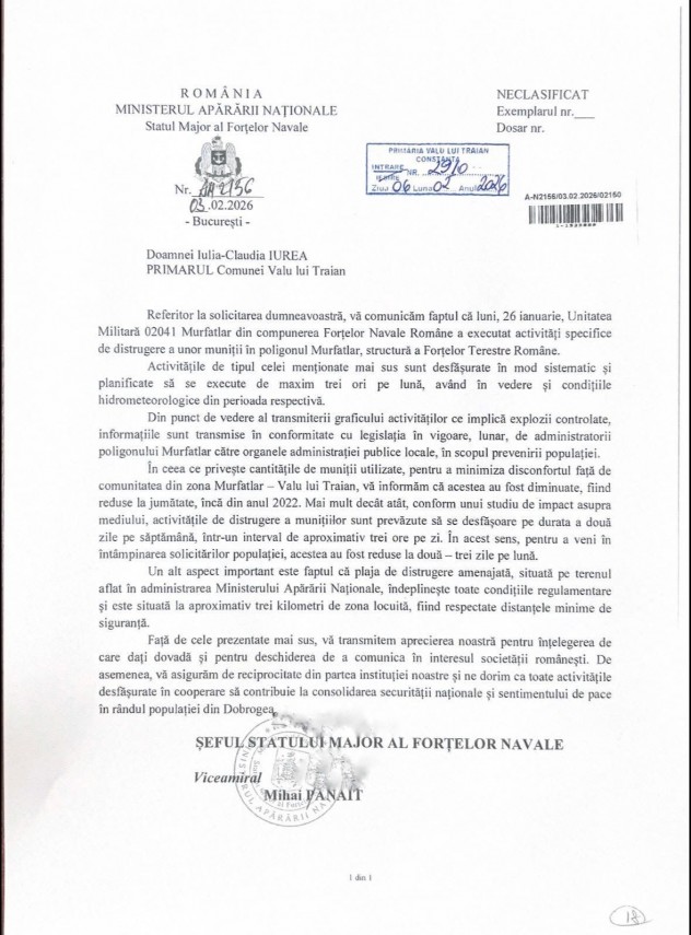 raspunsul mapn pentru locuitorii din valu lui traian cu privire la exploziile de la poligonul murfatlar raspunsul mapn pentru locuitorii din valu lui traian cu privire la exploziile de la poligonul murfatlar