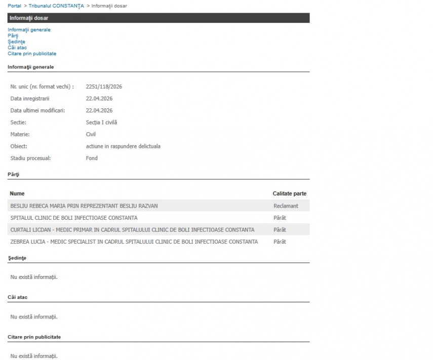 Captură portalul instanțelor de judecată - dosarul nr. 2251/118/2026