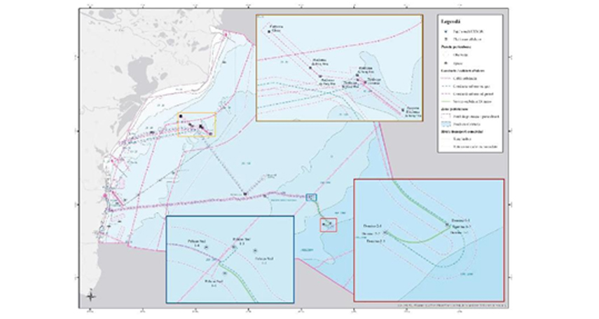 Hartă din OUG 97/2023 / Figura 22. Zone de siguranţă/interdicţie aferente conductelor submarine şi instalaţiilor petroliere de producţie offshore (existente şi proiectate) Sursa: ACROPO; DHM, 2022