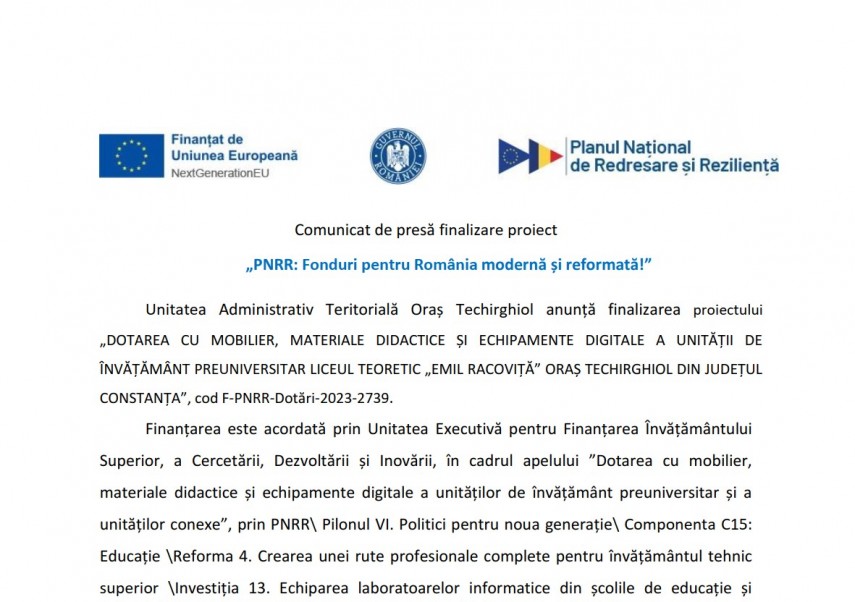 Comunicat de presa finalizare proiect: PNRR. Fonduri pentru Romania moderna si reformata!