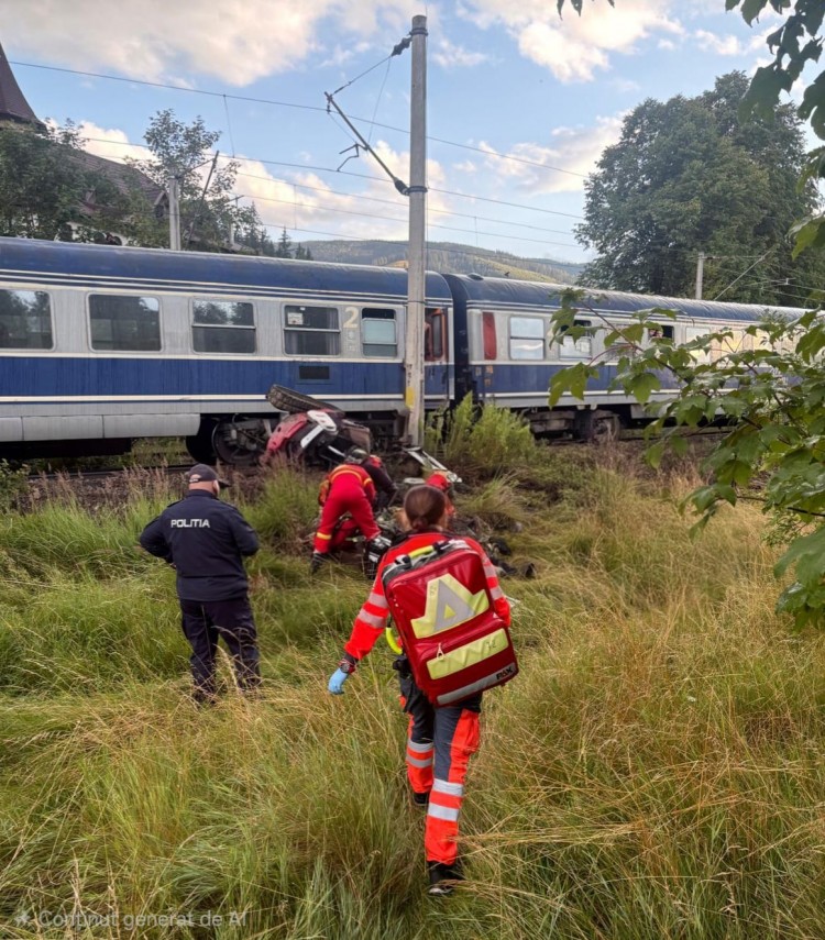 Coliziune intre un tren de calatori si un buldoexcavator in judetul Suceava! Șoferul utilajului a fost gasit inconstient 