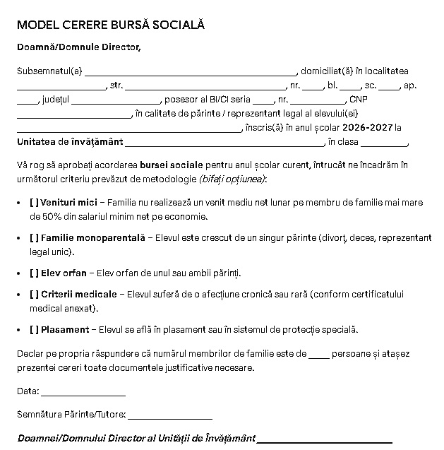 Model cerere bursă socială