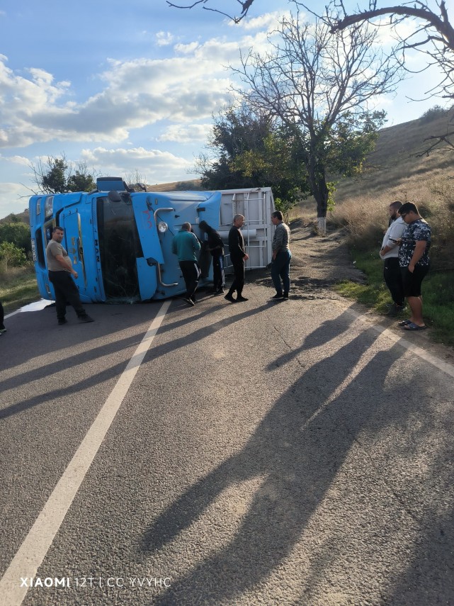UPDATE.FOTO: Șoferul unui autocamion cu floarea-soarelui, dus la spital dupa ce s-a rasturnat intre Negureni si Ion Corvin   