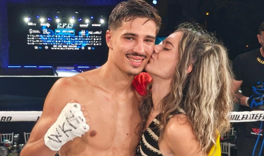 Cosmin Brumă și Alexia, în vara acestui an, când luptătorul a câștigat centura europeană WKN, în gala EFC 3, de la Mamaia. Sursa foto: Facebook (Alexia Mariaa)