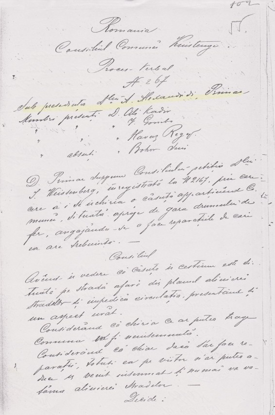 Proces-verbal administrativ emis de Consiliul Comunei Kiustenge (Constanța)
